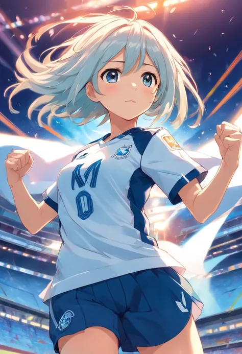 (cabelo longo branco), menina anime, De Inazuma eleven,uniforme de futebol azul, uniforme de Inazuma eleven