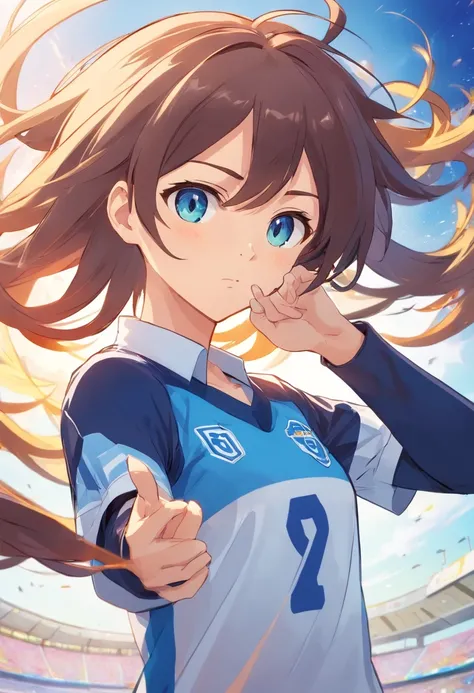 (cabelo longo branco), menina anime, De Inazuma Eleven,uniforme de futebol azul, Uniforme Inazuma Eleven