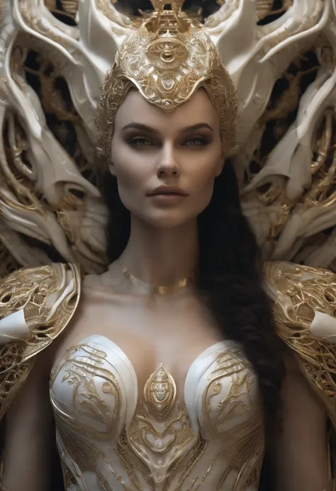 Crie uma obra de arte em 3D de uma mulher celestial usando um vestido branco com (((detalhes intrincados de safiras))). A obra deve incorporar a (((best possible quality))), with an emphasis on (((detalhes extremos))) e uma (((Complex composition))). Utili...