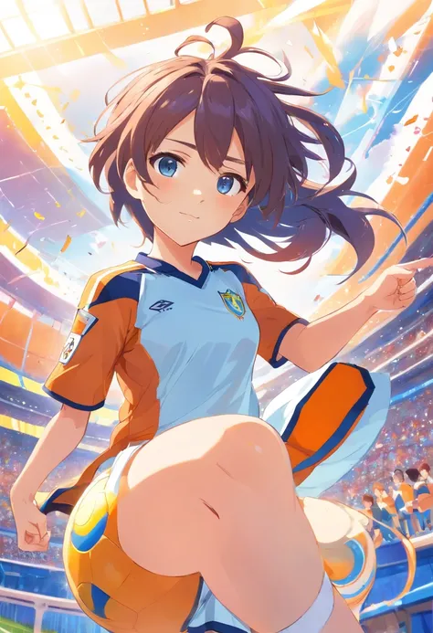 (cabelo longo branco), menina anime, De Inazuma Eleven,uniforme de futebol azul, Uniforme Inazuma Eleven, dedo apontado pra frente,hand on wrist,sorriso lindo,