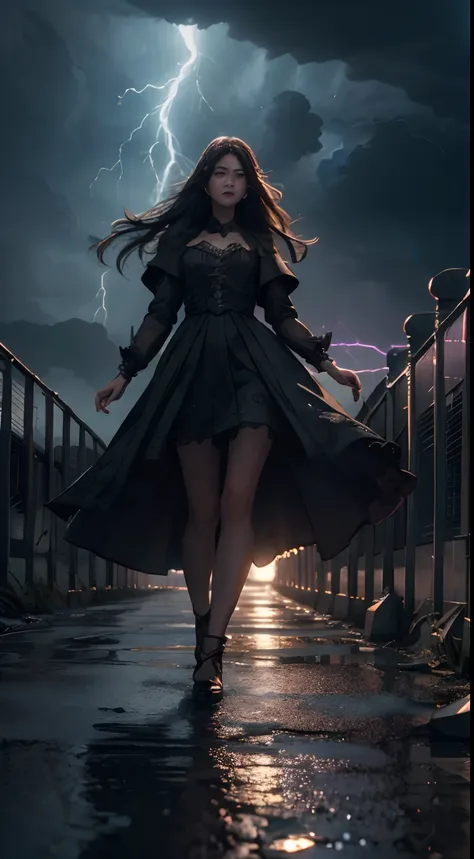 beautiful girl, surrounded by rays electrical, dark clouds, wind moving hair, (((from below)))) ((electric girl)) (((full body))...