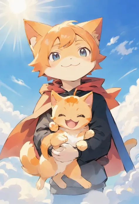 The man looked at a small orange cat wearing a cape white，An orange cat wearing a cape，Boy in cap，ssmile，The background is blue sky and white clouds , Wallin black T-shirt，With an anime logo