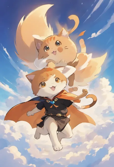 The man looked at a small orange cat wearing a cape white，An orange cat wearing a cape，Boy in cap，ssmile，The background is blue sky and white clouds , Wallin black T-shirt，With an anime logo