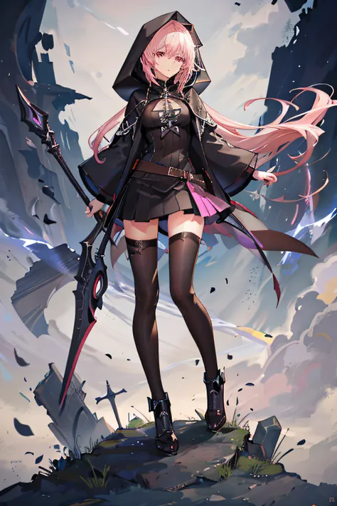 Female Grim Reaper protecting cute hooded girl shrouded in dark mist,Wielding a scythe,Emerge from the swirling shadows.Stand in the Cemetery of Forgotten Souls.(Light brown and light pink striped hair:1.3,),Perfect face,Proper body proportion,masutepiece,...