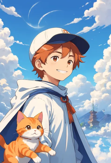 The man looked at a small orange cat wearing a cape white，Boy in cap，ssmile，The background is blue sky and white clouds , Wallin black T-shirt，With an anime logo