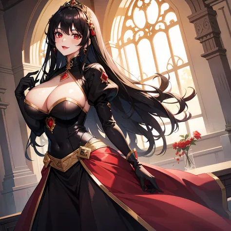 Black hair, light red eyes, royal girl, cute girl, (big tits), smile, lipstick, beautiful dress, baleautiful gloves, royal dress, upperbody, at castle, fangs,