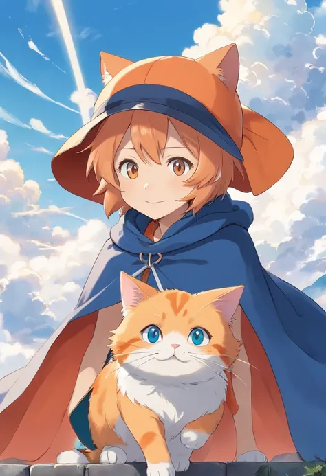 The man looked at a small orange cat wearing a cape white，An orange cat wearing a cape，Boy in cap，ssmile，The background is blue sky and white clouds , Wallin black T-shirt，With an anime logo