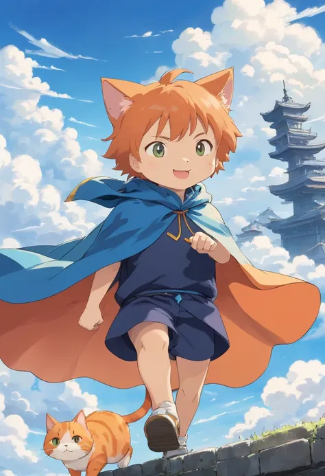 The man looked at a small orange cat wearing a cape white，An orange cat wearing a cape，Boy in cap，ssmile，The background is blue sky and white clouds , Wallin black T-shirt，With an anime logo