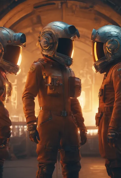 there are four men in helmets standing in a line, cyber steampunk 8 k 3 d, television screenshot, the fifth series, mugshots, anthropomorphic machine, standing in wasteland, wales, promotional shot hijab mother,hyper realism,big ass