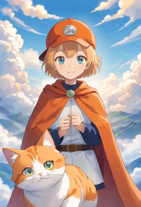 The man looked at a small orange cat wearing a cape white，An orange cat wearing a cape，Boy in cap，ssmile，The background is blue sky and white clouds , Wallin black T-shirt，With an anime logo