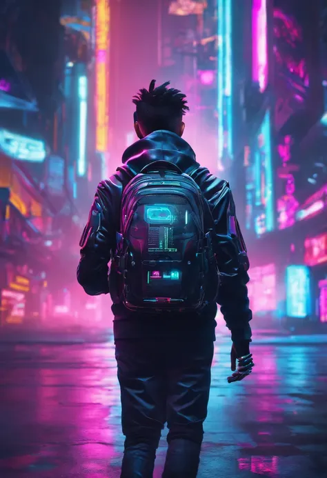 8K，Fine picture quality，Future street background，A cyberpunk boy，Carry this futuristic technology backpack，The backpack has a light，Future lighting camera in hand，Back shadow