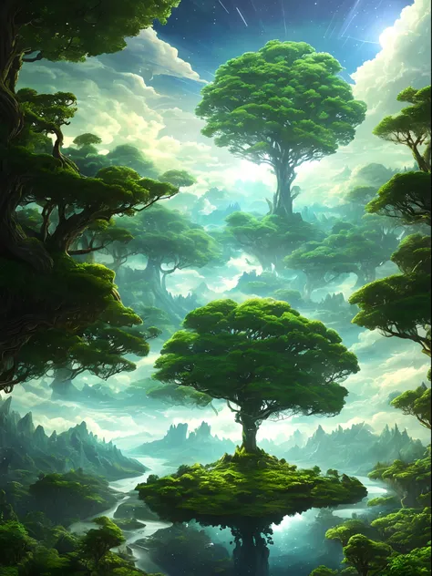 Illustration of a surreal, otherworldly, hyper sky scene including a giant crystal tree full body, highly detailed and magical lighting, intricate forest details, vegetation and surrounding river, solar punk, landscape, giant tree , beautiful green leaves,...