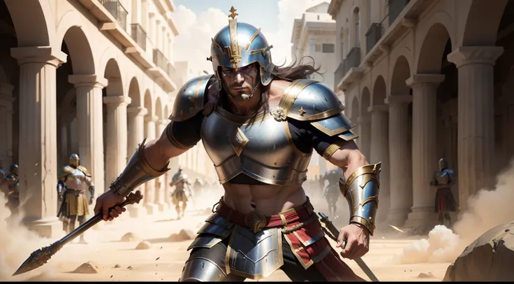 Greek gladiator with Greek armor and Greek helmet in war action scène super detailed hyper realistic