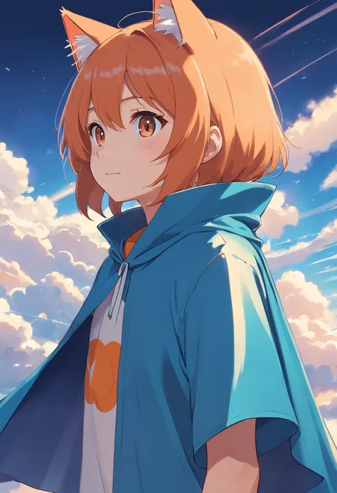 The man looked at a small orange cat wearing a cape white，An orange cat wearing a cape，Boy in cap，ssmile，The background is blue sky and white clouds , Wallin black T-shirt，With an anime logo