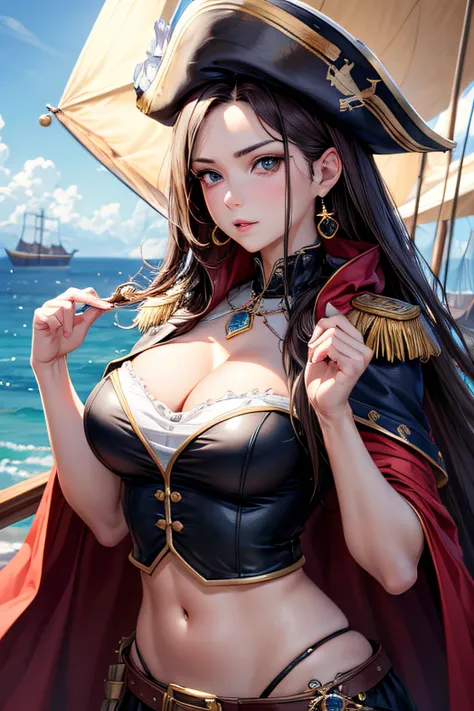 (masterpiece), best quality, expressive eyes, perfect face,  4k, UHD, ultra detailed, clean image, denoise, 1girl, solo, boa hancock, cape, epaulettes, cleavage, jewelry, earrings, midriff, on pirate ship