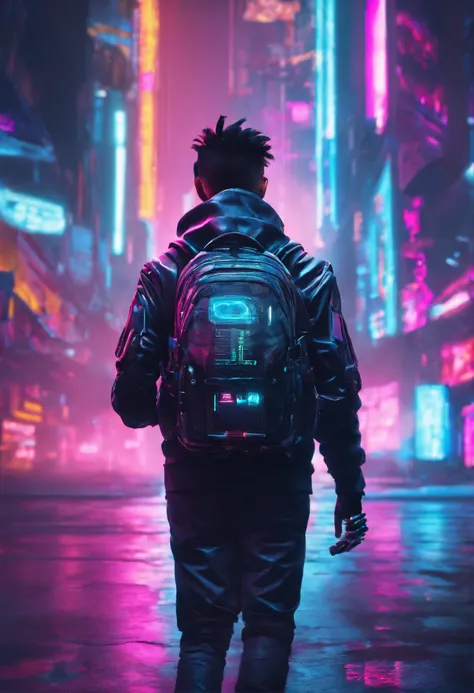 8K，Fine picture quality，Future street background，A cyberpunk boy，Carry this futuristic technology backpack，The backpack has a light，Future lighting camera in hand，Back shadow