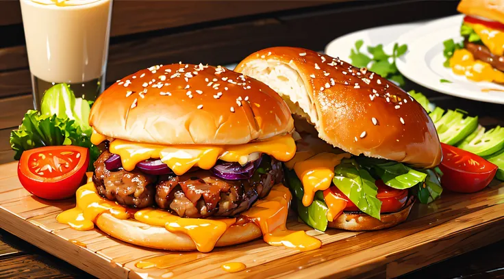 ((Masterpiece)), ((Best Quality)), A sumptuous gourmet burger with perfectly melted cheese and fresh vegetables, served on a rustic wooden table.