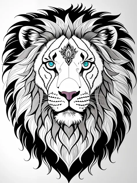 Create lion face(de frente) formada por mandalas para colorir(em preto e branco). Minimalista.sem sombreamento.Sem destaque.