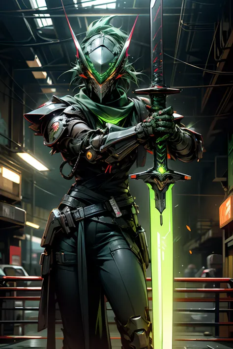 Detail shot, cyberpunk, glowing sword, glowing armor, green light