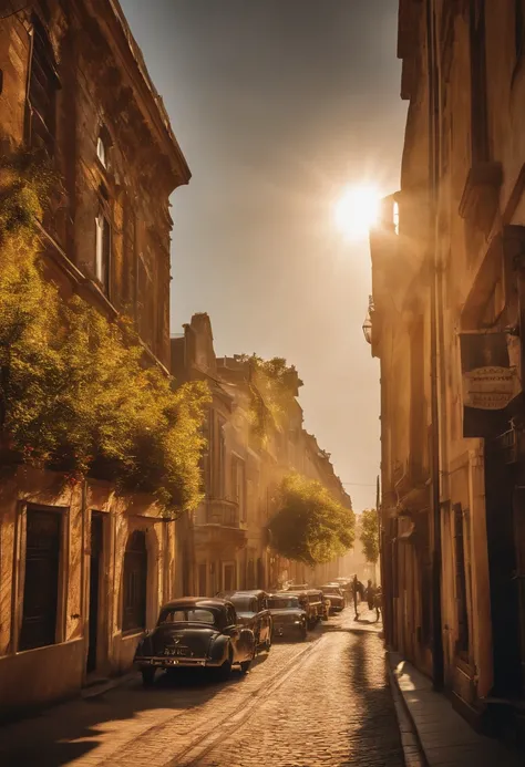 "sunny sunday morning 7-s streets, retro cityscape, old photography, sunny, Papel de parede 4k. Sunny and nostalgic atmosphere, evocando um passado bonito"