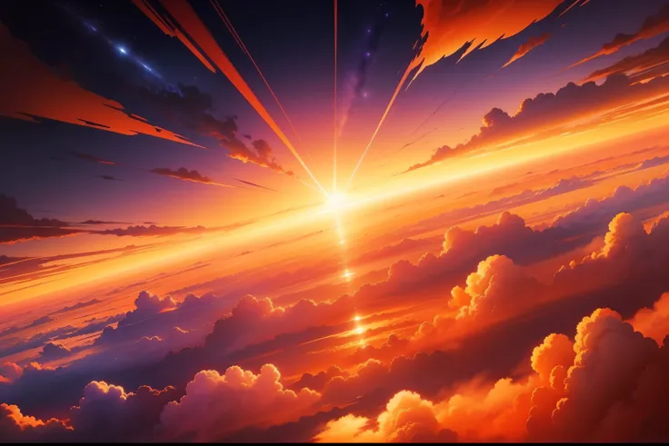 Anime background, Anime movie background, no human, HD Quality, masterpiece, The sun begins its descent behind the darkening horizon, painting the mesmerizing clouds with shades of orange pink yellow blue and purple, colorful, heavenly, dynamic angle, mako...