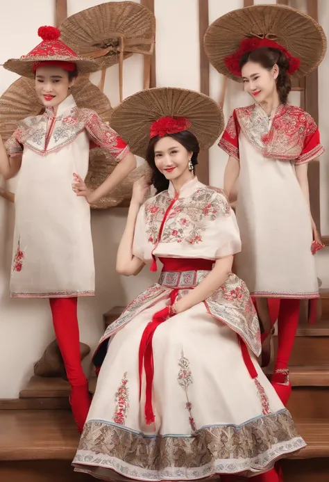 Leather family costumes，There are two types: casual and ready-to-wear，The costume is made of wax embroidered clothes made by hand。Includes red tasseled bead cap、hair-bun、Corolla pad、Wax coat、Wear the first coat、Apron sheets、Waist tablets、pleatedskirt、Red l...