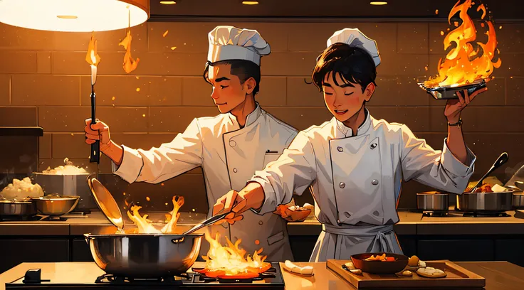 ((Masterpiece)), ((Best Quality)), A chef expertly flambeing a dish in a stainless steel pan, with flames dancing in the air, creating a dramatic culinary scene.