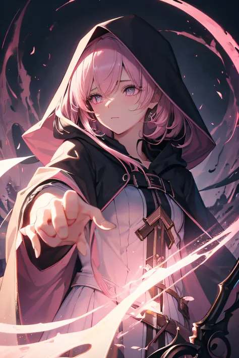 Female Grim Reaper protecting a girl and a girl in a cute hood shrouded in dark mist,Wielding a scythe,Emerge from the swirling shadows.Stand in the Cemetery of Forgotten Souls.(Light brown and light pink striped hair:1.3,),Perfect face,Proper body proport...