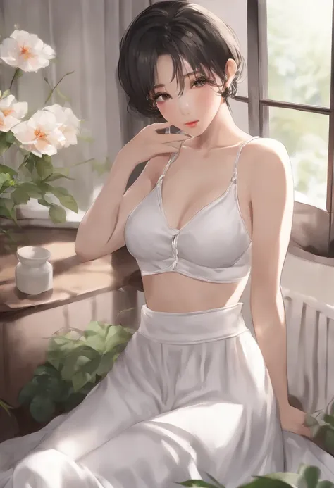 ((of the highest quality, 8K, masutepiece: 1.3)), Beauty, hide face, 1 girl, Beautiful: 1.3, Slender Abs: 1.1, Camisole, cleavage, Short black hair , (While sitting on the bed), hyperdetailed face, very detailed lips, Detailed eyes, Double eyelids、masutepi...