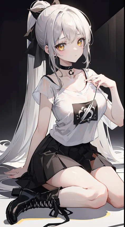 (top-quality、​masterpiece、high-level image quality、Super delicate)、a beauty girl、smooth ash gray hair、(Loose ponytail tied with a black ribbon)、Gorgeous yellow eyes、large full breasts、((Black Key Choker))、((White T-shirt and black t-high boots))、top grade、...