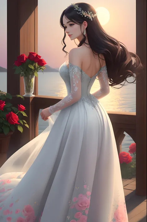 A breathtakingly beautiful woman stands in a blooming rose garden，Wear a beautiful dress made entirely of delicate flowers．Her long hair ran down her back，Form gentle waves，Sketch her angelic face，Add to her ethereal look。。。。. The roses in her dress were p...