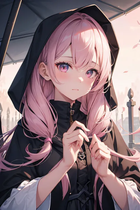 Female Grim Reaper protecting a girl and a girl in a cute hood shrouded in dark mist,Wielding a scythe,Emerge from the swirling shadows.Stand in the Cemetery of Forgotten Souls.(Light brown and light pink striped hair:1.3,),Perfect face,Proper body proport...