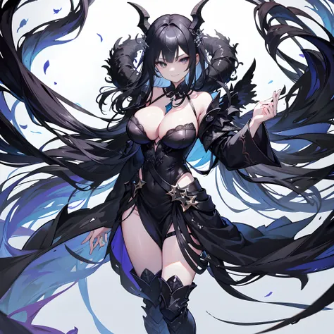 Solo，Facing the viewing angle，black long straight hair，On his head are two black dragon horns，Fishtail braided hairstyle，chiquita，Lori huge breasts cleavage，F-cup，Gorgeous black wedding dress，Gorgeous black shawl，Black colored eyes，A smug smile，Black extra...