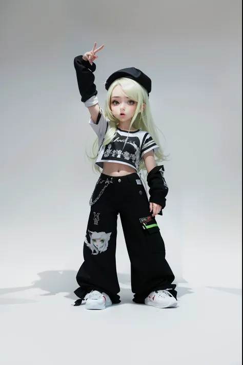 Estilo anime realista cabelo branco, labios vermelho, olhos verdes, black pant, black cap, blusa listrada