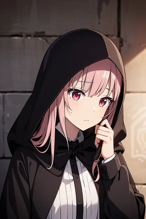 With a girl in a cute hood wrapped in thick fog、Female Grim Reaper Guarding Girl Behind,Wielding a scythe,Emerge from the swirling shadows.Stand in the Cemetery of Forgotten Souls.(Light brown and light pink striped hair:1.3,),Perfect face,Proper body prop...