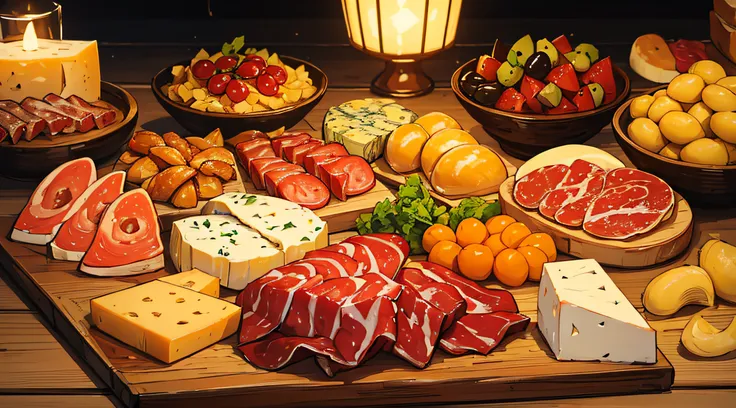 ((Masterpiece)), ((Best Quality)), A rustic wooden board filled with a delectable charcuterie spread, featuring an assortment of cheeses, cured meats, and olives.