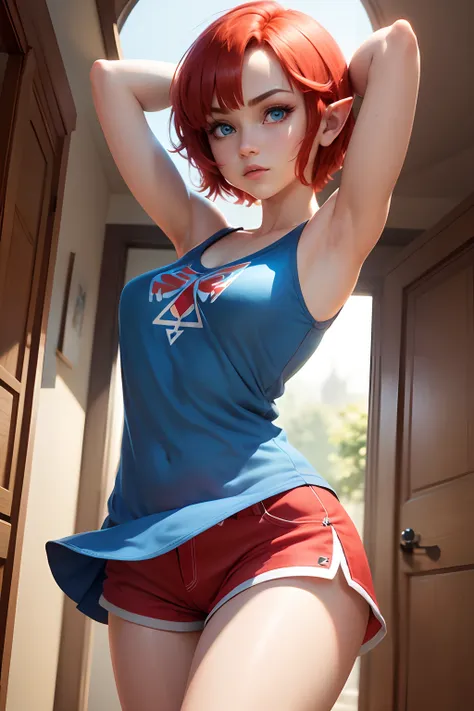 Zelda, short hair, red hair, armpit, shorts dress, blue eyes, Big legs, jugando playstation