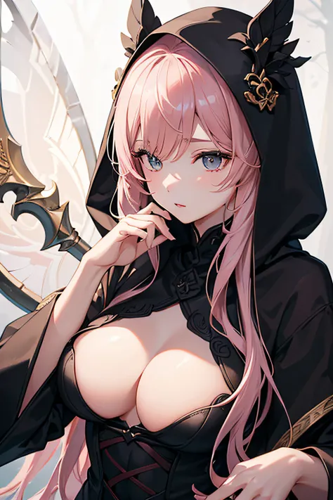 With a girl in a cute hood wrapped in thick fog、Female Grim Reaper Guarding Girl Behind,Wielding a scythe,Emerge from the swirling shadows.Stand in the Cemetery of Forgotten Souls.(Light brown and light pink striped hair:1.3,),Perfect face,Proper body prop...