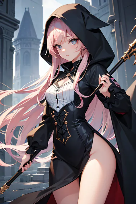 With a girl in a cute hood wrapped in thick fog、Female Grim Reaper Guarding Girl Behind,Wielding a scythe,Emerge from the swirling shadows.Stand in the Cemetery of Forgotten Souls.(Light brown and light pink striped hair:1.3,),Perfect face,Proper body prop...