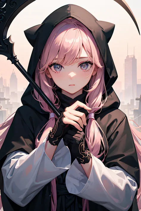 With a girl in a cute hood wrapped in thick fog、Female Grim Reaper Guarding Girl Behind,Wielding a scythe,Emerge from the swirling shadows.Stand in the Cemetery of Forgotten Souls.(Light brown and light pink striped hair:1.3,),Perfect face,Proper body prop...