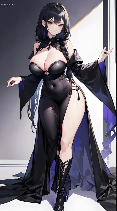 Solo，Facing the viewing angle，Gorgeous black shawl，black long straight hair，Gorgeous black wedding dress，Fishtail braided hairstyle，chiquita，Lori huge breasts cleavage，D-cups，Black colored eyes，A smug smile，Black extra-high heeled boots，stand posture，The r...