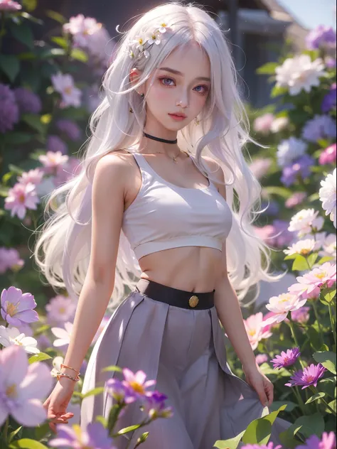 realistic, 1girl, white hair, purple eyes, glowing eyes, crop top, skirt, parted lips, blush, night, flowers, sun, sunlight,