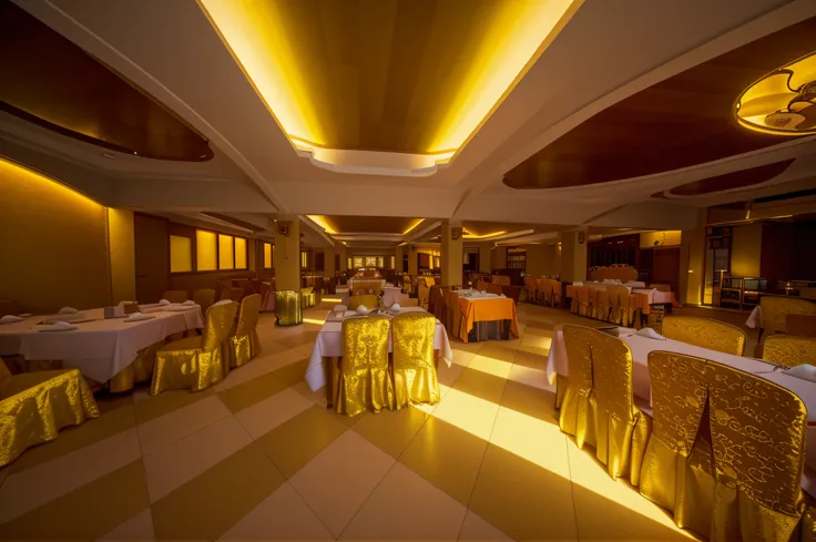 tables and chairs are set up in the large room with orange covers, perspective wide angle view, restaurant, indoor setting, wide-angle view, wide-angle view, indoor, tables, and chairs are set up in a large room with orange covers, perspective wide angle v...