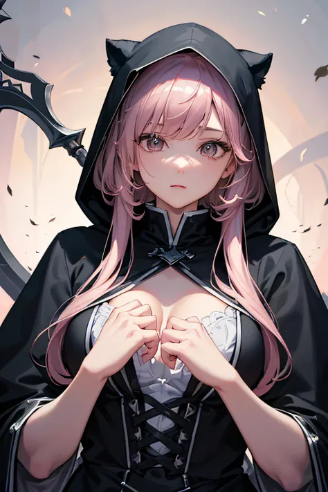 With a girl in a cute hood wrapped in thick fog、Female Grim Reaper Guarding Girl Behind,Wielding a scythe,Emerge from the swirling shadows.Stand in the Cemetery of Forgotten Souls.(Light brown and light pink striped hair:1.3,),Perfect face,Proper body prop...