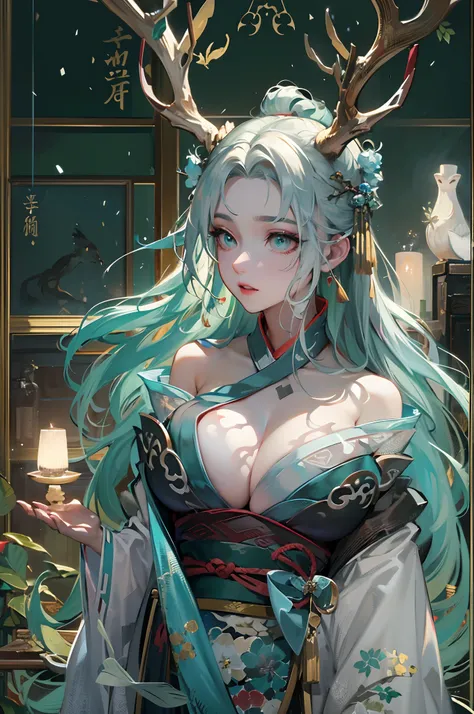 Depressing text，Dragons horn，deer antlers，Portrait，Realistic effect，Female pervert，White-haired girl，Messy hair，Ancient wind，cyan colors，cyan colors，Cyan Hanfu(Delicate and mysterious antique patterns)，high-heels，The expression after the climax，winning art...