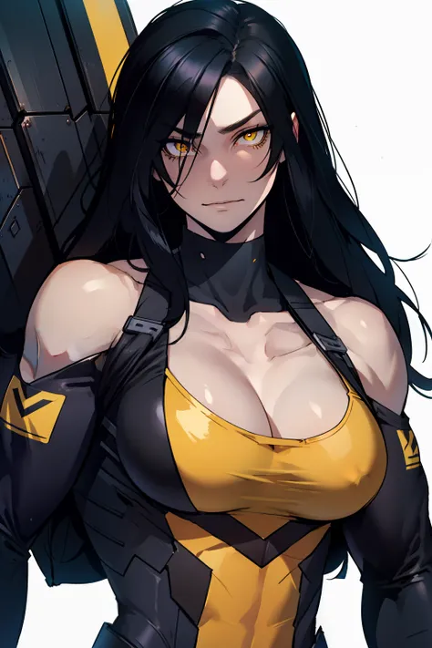 1 girl, black hair, yellow eyes, very long hair, pale skin, ((((extremely muscular)))), large breasts, (confident expression), pilot suit, close up