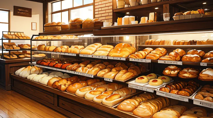 ((Masterpiece)), ((Best Quality)), A warm, rustic bakery scene with an assortment of freshly baked bread and pastries displayed on wooden shelves.