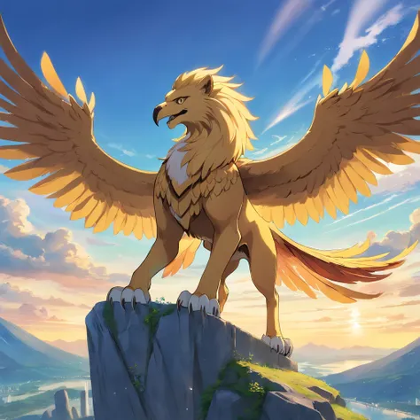 Gryphon, mythological creatures, Majestic, Powerful wings, Lion body, Eagle head, Fierce gaze, Sharp claws, feater, Golden beak, Large size, Flying, Mountains, Cloudy sky, Ancient ruins, Fantasy realm, mythological landscape, Epic, magical, mythological cr...