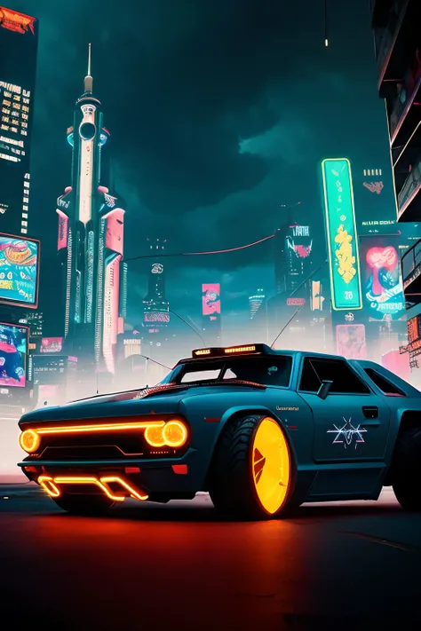 a 3/4 front view of ((futuristic cyberpunk hotrod zeekars)) (with glowing tires), neon glow , cyberpunk muscle car, lighting storm in the background, Black and ((dark blue)), in cyberpunk city, ((badass))