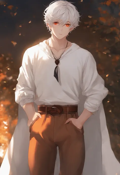 man (male), orange eyes, white-toned skin, short dark orange hair, white shirt, waist-length sweater, loose pants, simple background, anime, fantasy.